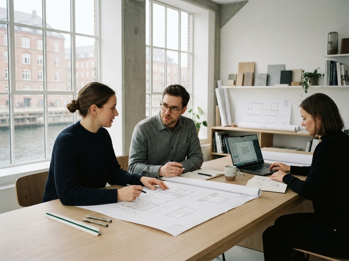 {{BRAND_NAME}} kontor hvor analyseteamet gennemgår markedsdata